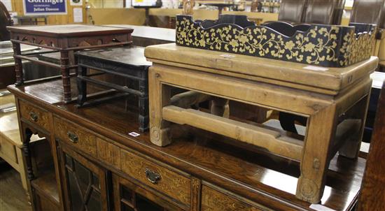 Two Oriental lacquer tray tables and wood tables